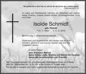 Traueranzeige von Isolde Schmidt von Frankenpost