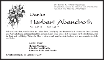 Traueranzeige von Herbert Abendroth von Südthüringer Presse