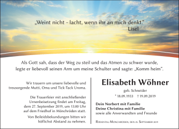 Traueranzeige von Elisabeth Wöhner von Neue Presse Coburg