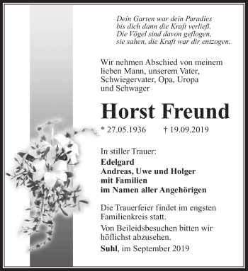 Traueranzeige von Horst Freund von Südthüringer Presse