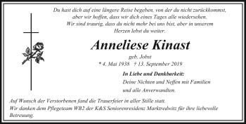 Traueranzeige von Anneliese Kinast von Frankenpost