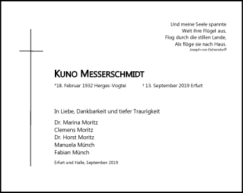 Traueranzeige von Kuno Messerschmidt von Südthüringer Presse