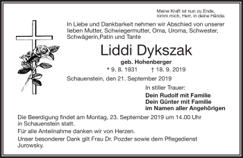 Traueranzeige von Liddi Dykszak von Frankenpost