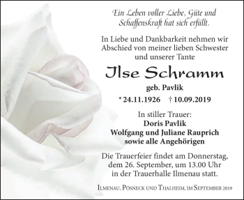 Traueranzeige von Ilse Schramm von Südthüringer Presse