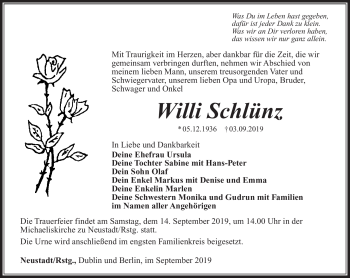 Traueranzeige von Willi Schlünz von Südthüringer Presse
