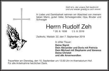 Traueranzeige von Rudolf Zeh von Frankenpost