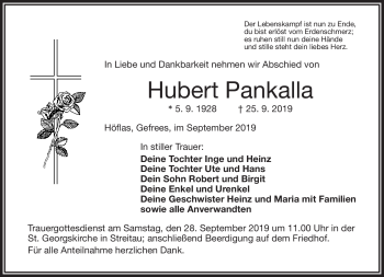 Traueranzeige von Hubert Pankalla von Frankenpost