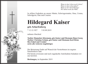 Traueranzeige von Hildegard Kaiser von Südthüringer Presse