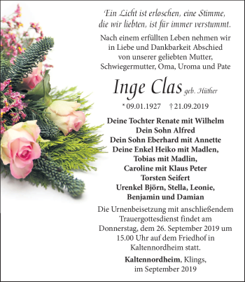 Traueranzeige von Inge Clas von Südthüringer Presse