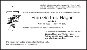 Traueranzeige von Gertrud Hager von Frankenpost