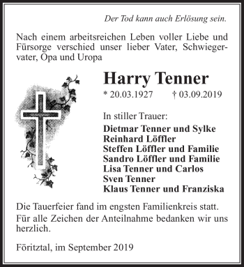 Traueranzeige von Harry Tenner von Südthüringer Presse