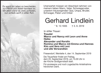 Traueranzeige von Gerhard Lindlein von Neue Presse Coburg
