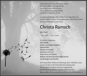 Traueranzeige von Christa Ramsch von Südthüringer Presse