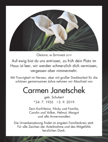 Traueranzeige von Carmen Janetschek von Südthüringer Presse
