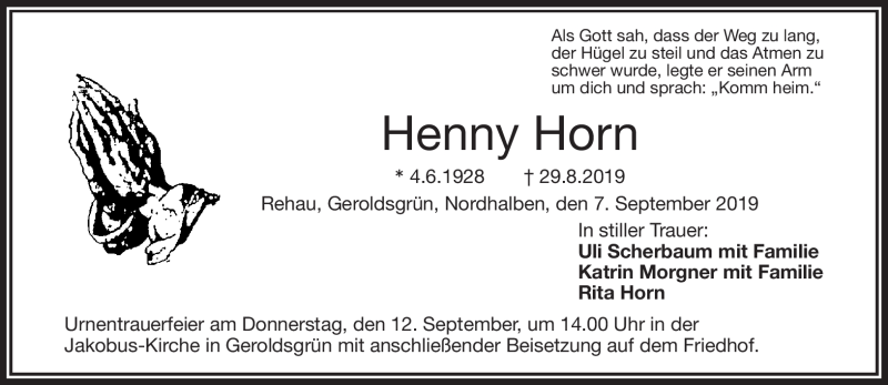  Traueranzeige für Henny Horn vom 07.09.2019 aus Frankenpost