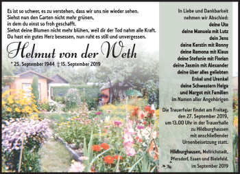 Traueranzeige von Helmut von der Weth von Südthüringer Presse