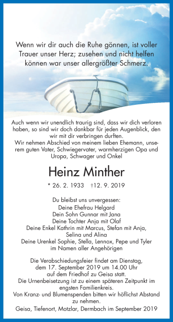 Traueranzeige von Heinz Minther von Südthüringer Presse
