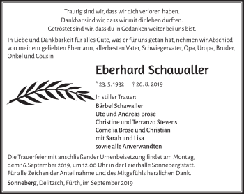 Traueranzeige von Eberhard Schawaller von Südthüringer Presse