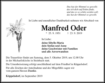 Traueranzeige von Manfred Oder von Südthüringer Presse