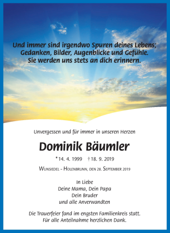 Traueranzeige von Dominik Bäumler von Frankenpost