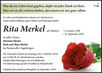 Traueranzeige von Rita Merkel von Südthüringer Presse