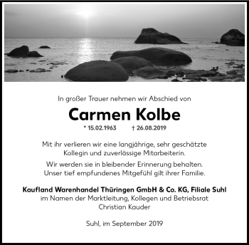 Traueranzeige von Carmen Kolbe von Südthüringer Presse