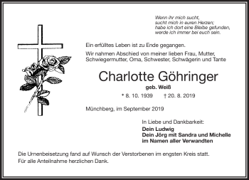 Traueranzeige von Charlotte Göhringer von Frankenpost