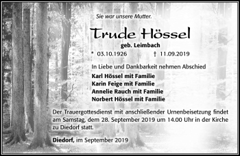 Traueranzeige von Trude Hössel von Südthüringer Presse