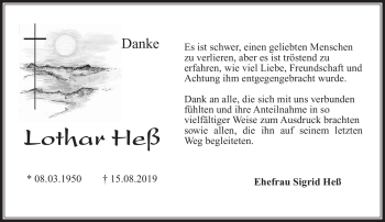 Traueranzeige von Lothar Heß von Südthüringer Presse