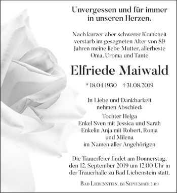 Traueranzeige von Elfriede Maiwald von Südthüringer Presse