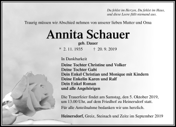 Traueranzeige von Annita Schauer von Südthüringer Presse