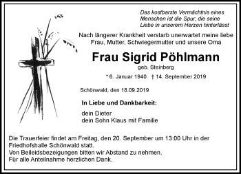 Traueranzeige von Sigrid Pöhlmann von Frankenpost