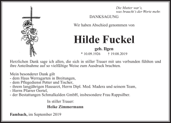 Traueranzeige von Hilde Fuckel von Südthüringer Presse