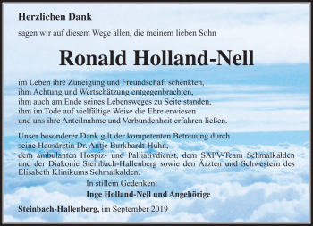 Traueranzeige von Ronald Holland-Nell von Südthüringer Presse