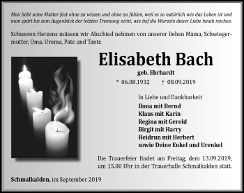 Traueranzeige von Elisabeth Bach von Südthüringer Presse