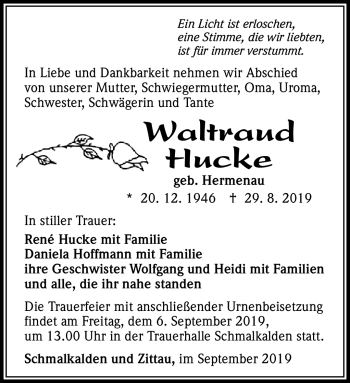 Traueranzeige von Waltraud Hucke von Südthüringer Presse