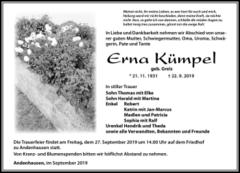 Traueranzeige von Erna Kümpel von Südthüringer Presse