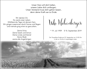 Traueranzeige von Udo Hohenberger von Frankenpost