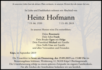Traueranzeige von Heinz Hofmann von Neue Presse Coburg