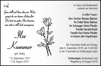 Traueranzeige von Ilse Kummer von Südthüringer Presse