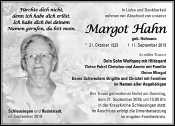 Traueranzeige von Margot Hahn von Südthüringer Presse