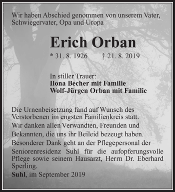 Traueranzeige von Erich Orban von Südthüringer Presse