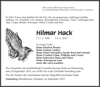 Traueranzeige von Hilmar Hack von Südthüringer Presse