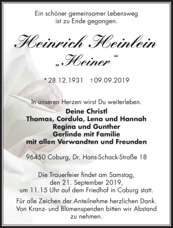 Traueranzeige von Heinrich Heinlein von Neue Presse Coburg