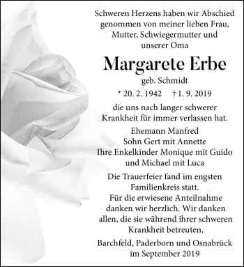 Traueranzeige von Margarete Erbe von Südthüringer Presse