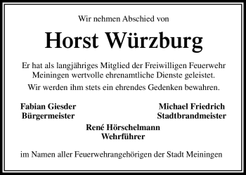 Traueranzeige von Horst Würzburg von Südthüringer Presse