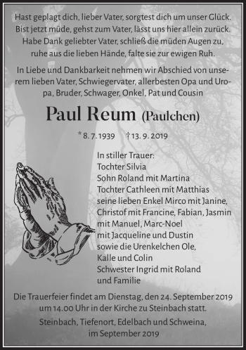 Traueranzeige von Paul Reum von Südthüringer Presse