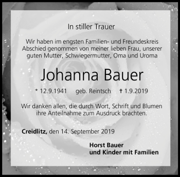 Traueranzeige von Johanna Bauer von Neue Presse Coburg