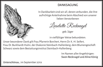 Traueranzeige von Lieselotte Recknagel von Südthüringer Presse