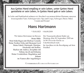 Traueranzeige von Hans Hartmann von Südthüringer Presse